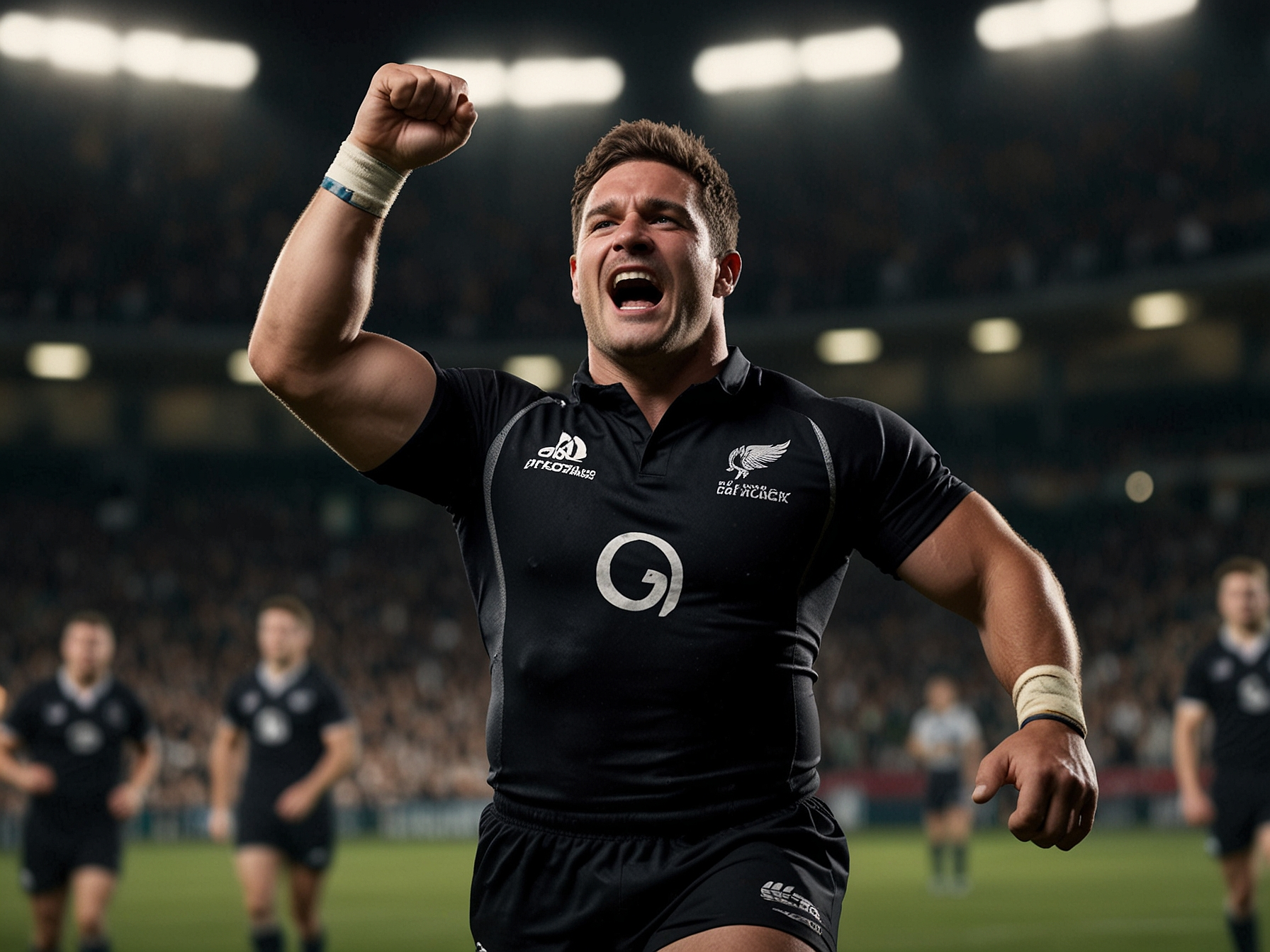 Energetic rugby player celebrating a win